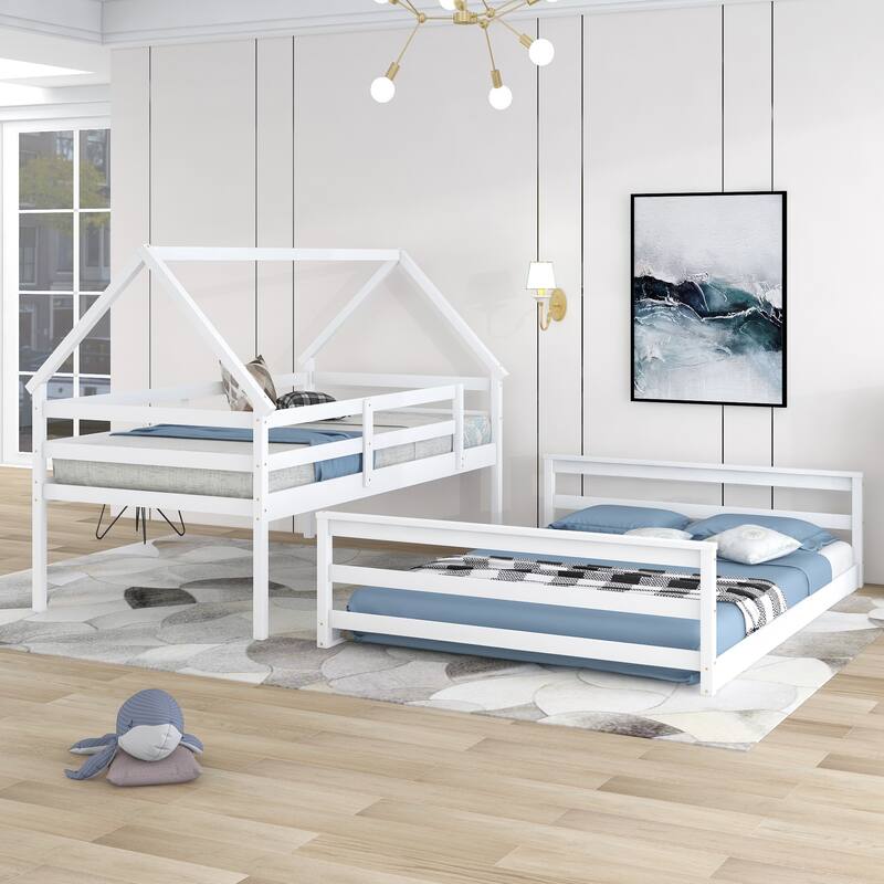 White Twin Size Pine Wood House Design Bunk Bed with Built-in Ladder and Guardrail, Converts to Separate Beds