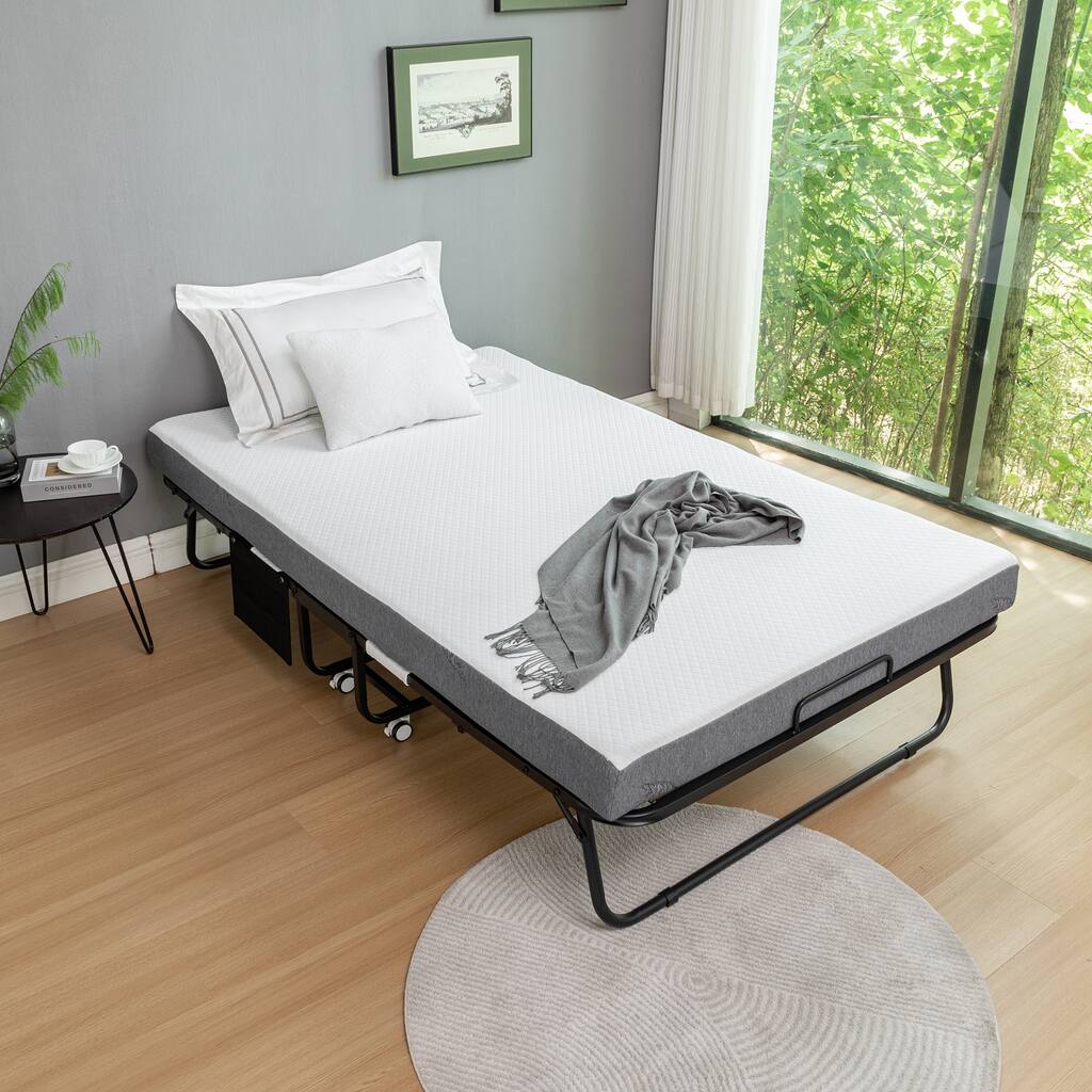 Portable Foldable Bed with Memory Foam Mattress, Sturdy Metal Frame, and Storage Cover, 75 x 45 Inch