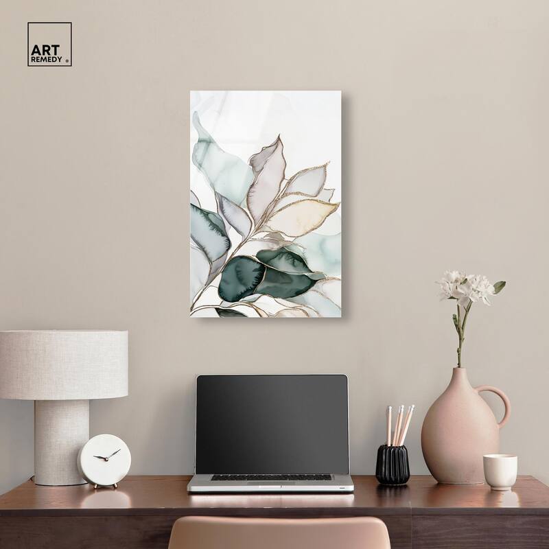 Pastel Leaves with Gold I Acrylic by Art Remedy, Ready to Hang