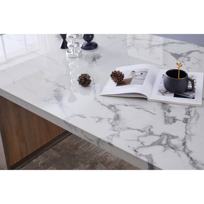 Elegant Luxurious Imitation Marble MDF Dinning Table for 6 or 8, Rectangular 63"L*35.4"W*29.8"H, Walnut+Stainless Steel