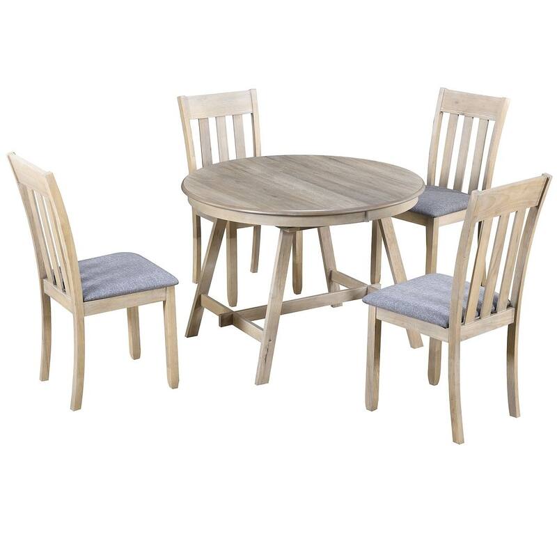 5 PCS Wood Dining Table Set for 4 Round Extendable Table with 4 Chairs