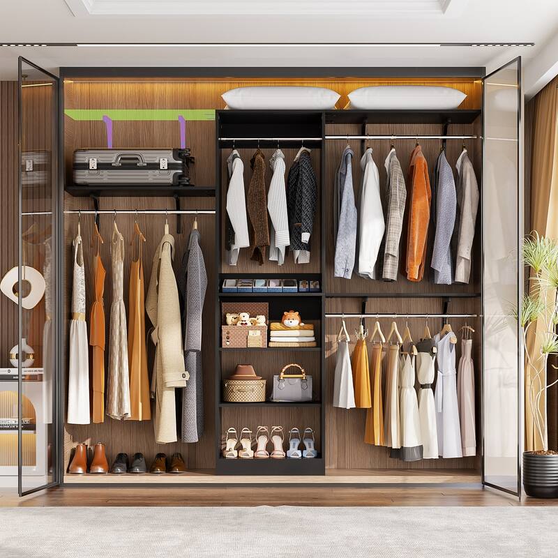 Rackcog 20-96'' W Closet System Starter Kit, Sturdy DIY Closet Organizer with 3 Winged Storage Shelves - Black