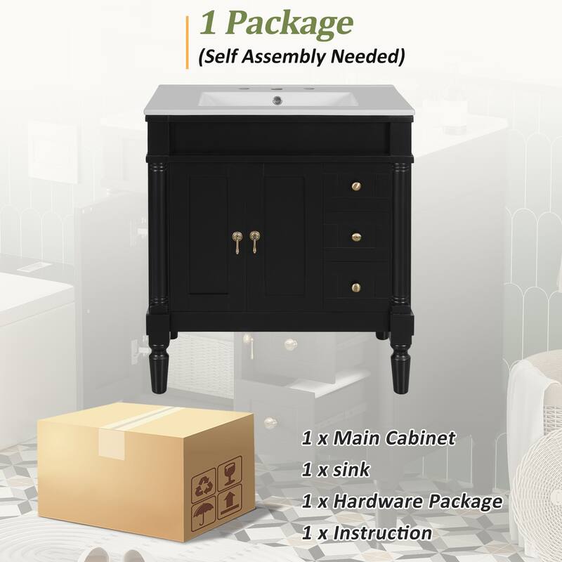 30" Elegant Bathroom Vanity Set with Ceramic Sink - Solid Wood & MDF, 2 Doors & 3 Drawers, Soft-Close, Adjustable Shelf