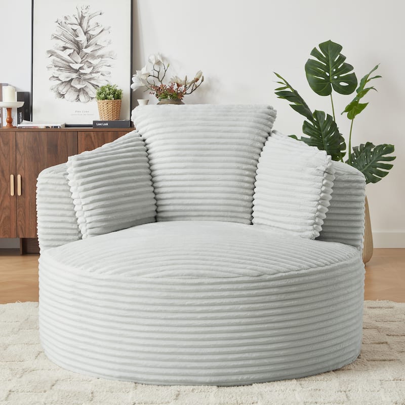Compressible Corduroy Round Chair with Cushioned Backrest - Modern Comfort Seating for Living Room,Office,Apartment(no swivel) - LIGHT GREY