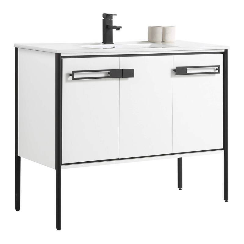 Fine Fixtures Oakville Bathroom Vanity with White Ceramic Sink - 42 Inch - White Matte - Black Hardware
