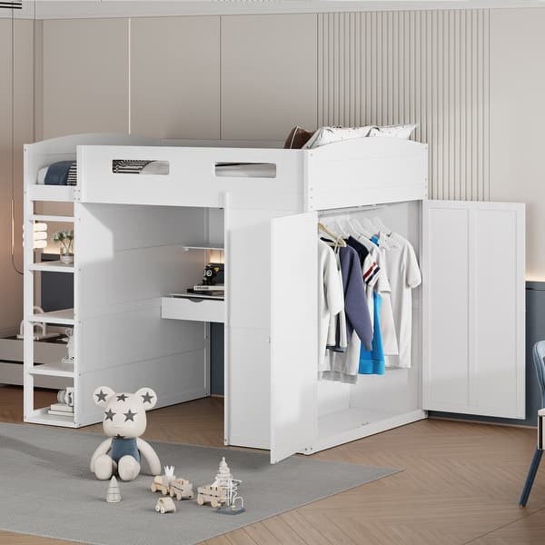 slide 2 of 20, Full Size Loft Bed with Desk, Wardrobes, 4 Drawers and 4 Shelves-White White