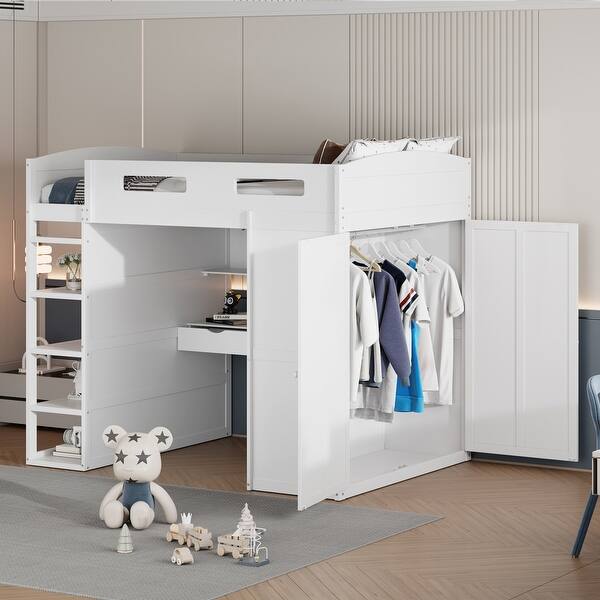 slide 2 of 22, Nestfair Full Size Loft Bed with Desk, Wardrobes, 4 Drawers and 4 Shelves White