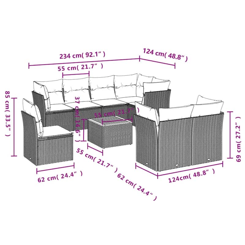 vidaXL 9 Piece Patio Sofa Set with Cushions Black Poly Rattan