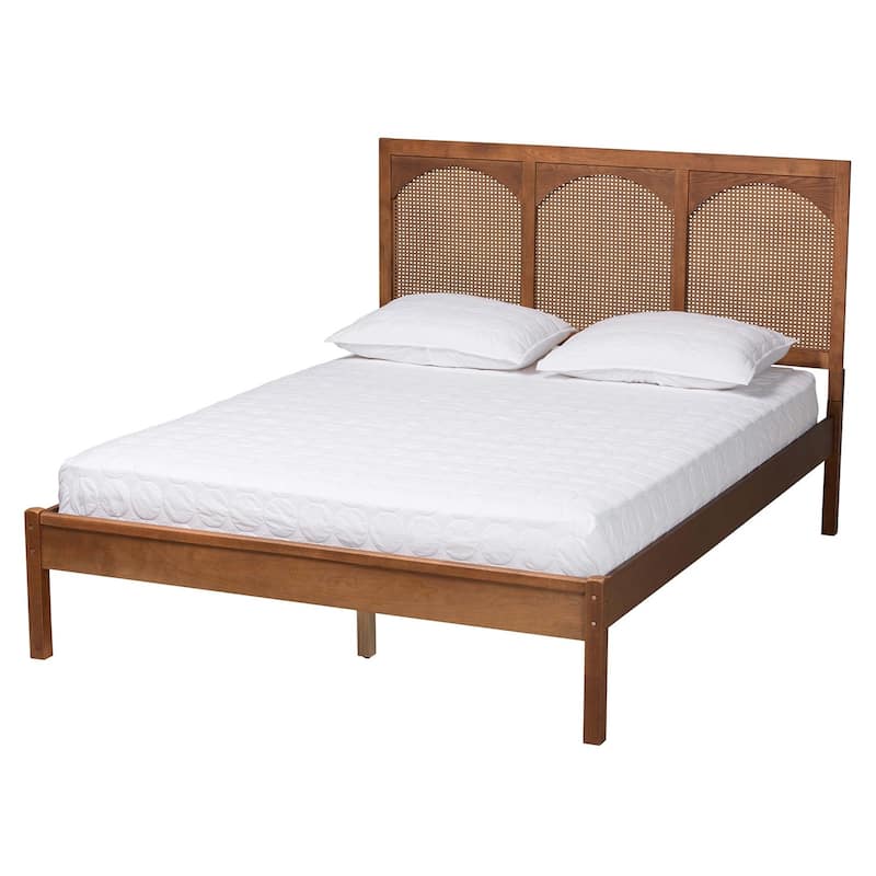 Ash Walnut Wood and Rattan King Platform Bed with Spacious Underbed Storage and Classic Geometric Headboard