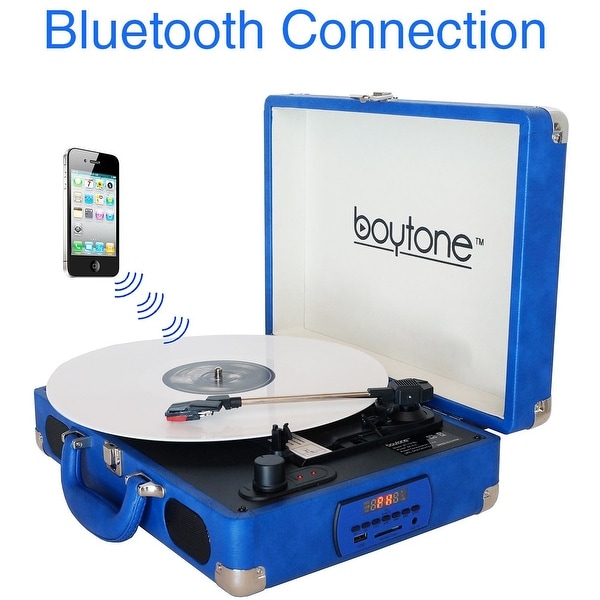 Boytone BT-101BL Bluetooth Turntable Briefcase Record player AC-DC, Built in Rechargeable Battery, 2 Stereo Speakers 3-speed