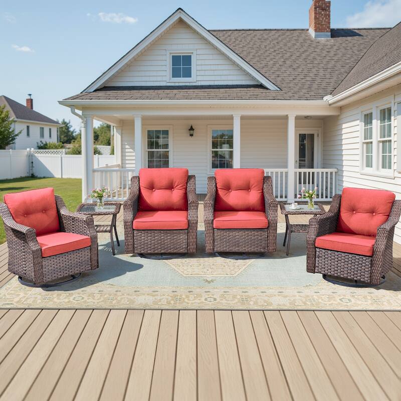 Pocassy 6-Piece Patio Swivel Chair with Side Table - Brown Wicker Beige Cushion - 6-Piece Swivel Chair with Side Table