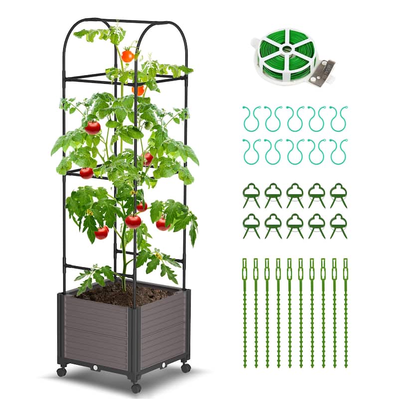 DoCred Raised Garden Bed Planter Box with Wheels and Tall Trellis - Black