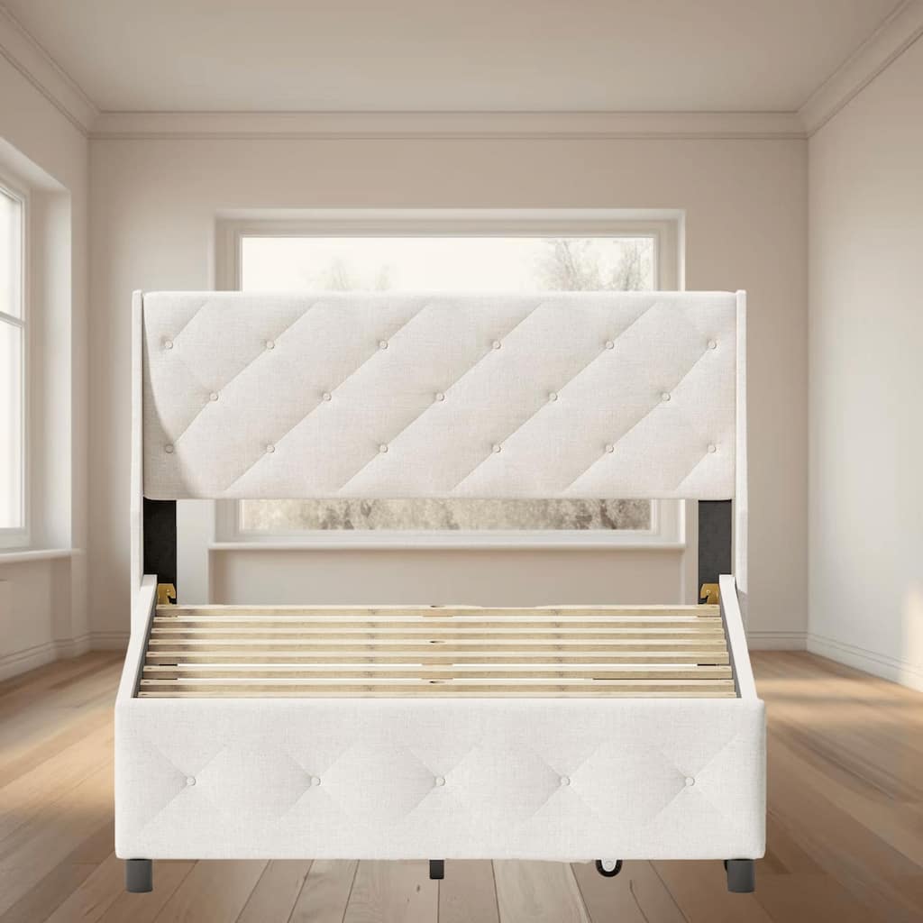 Queen Size Platform Bed Frame with Storage Headboard, Noise-Free Design and LED Lighting, No Box Spring Needed for Bedroom