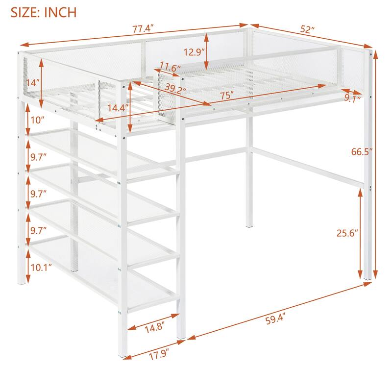 Twin Size Metal Loft Bed with 4-Tier Shelves and Storage, White