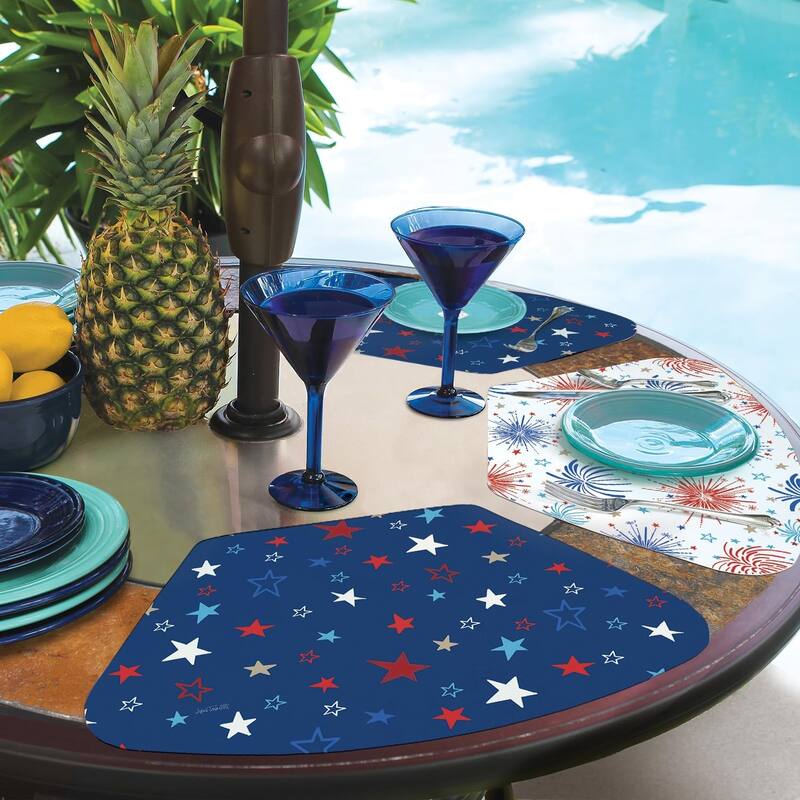 Star Spangled Wedge Shaped Reversible Flexible Plastic Placemat 4 Pack Made in The USA 17.75" x 11.25" Colorful, Wipes Clean