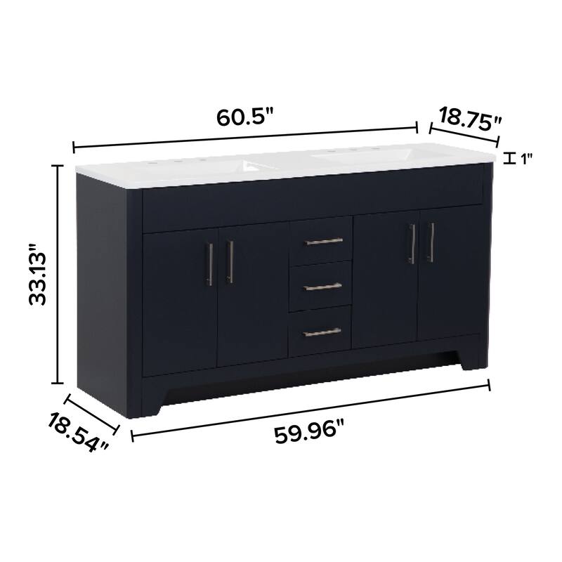 Spring Mill Cabinets Salil 60" Double-Sink Vanity With 2 Cabinets, 3 Drawers, and White Sink Top