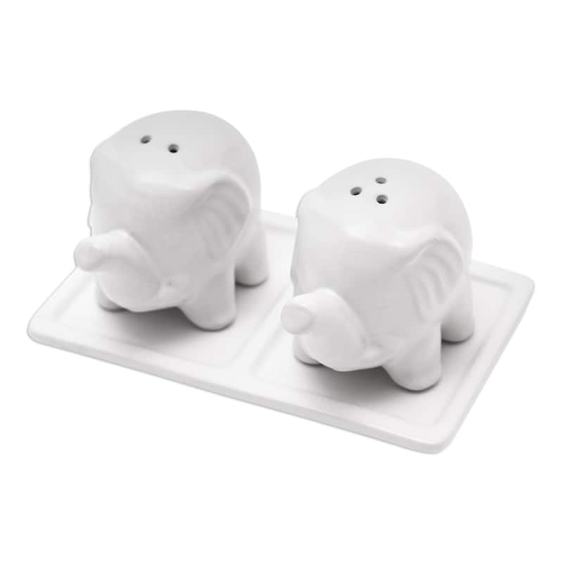 Novica Handmade Eager Elephants In White Ceramic Salt And Pepper Set