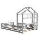 preview thumbnail 7 of 7, Gray Twin Size Pine Wood House-Style Headboard Floor Bed with Fence Guardrails without cushion