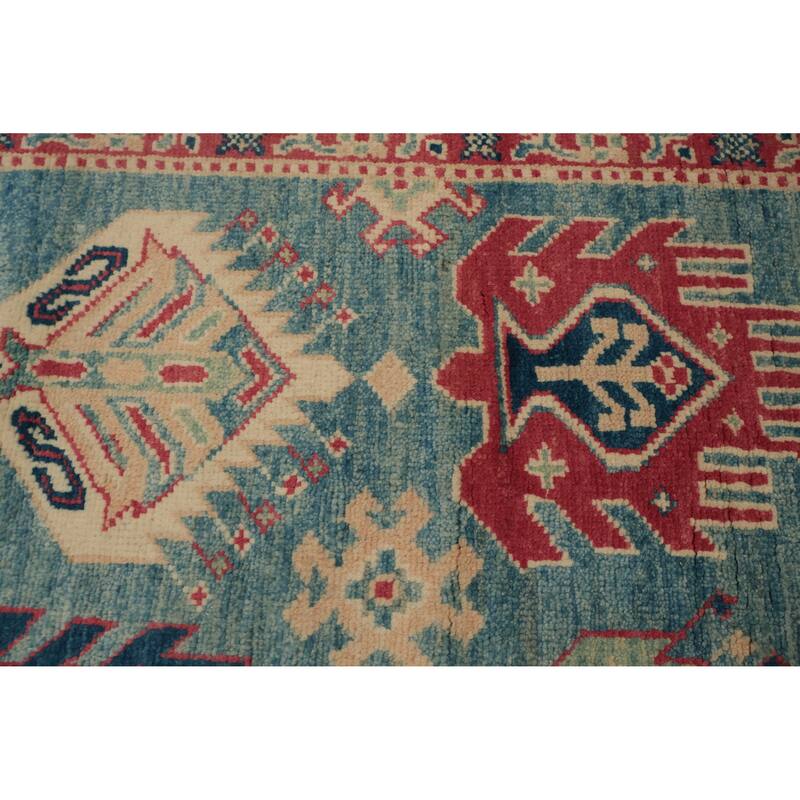 Hand Knotted Oriental 100% Wool Carpet Traditional Geometric Navy Blue & Blues Kazak Area Rug - 11' 10'' X 9' 0''