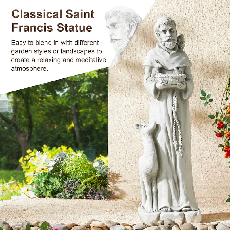 Glitzhome Vintage MgO Saint Francis Garden Statue Sculpture with Birdfeeder Feeding Animals