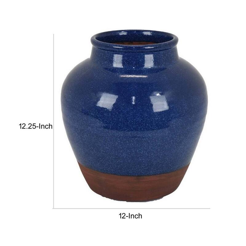 Venny 12 Inch Ceramic Flower Vase, Two Tone Antique Blue and Brown Finish