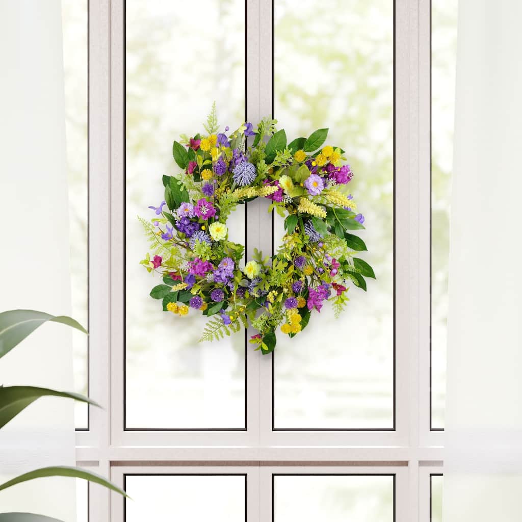 Echinops and Chrysanthemums Artificial Floral Spring Wreath - 24" - Green and Purple