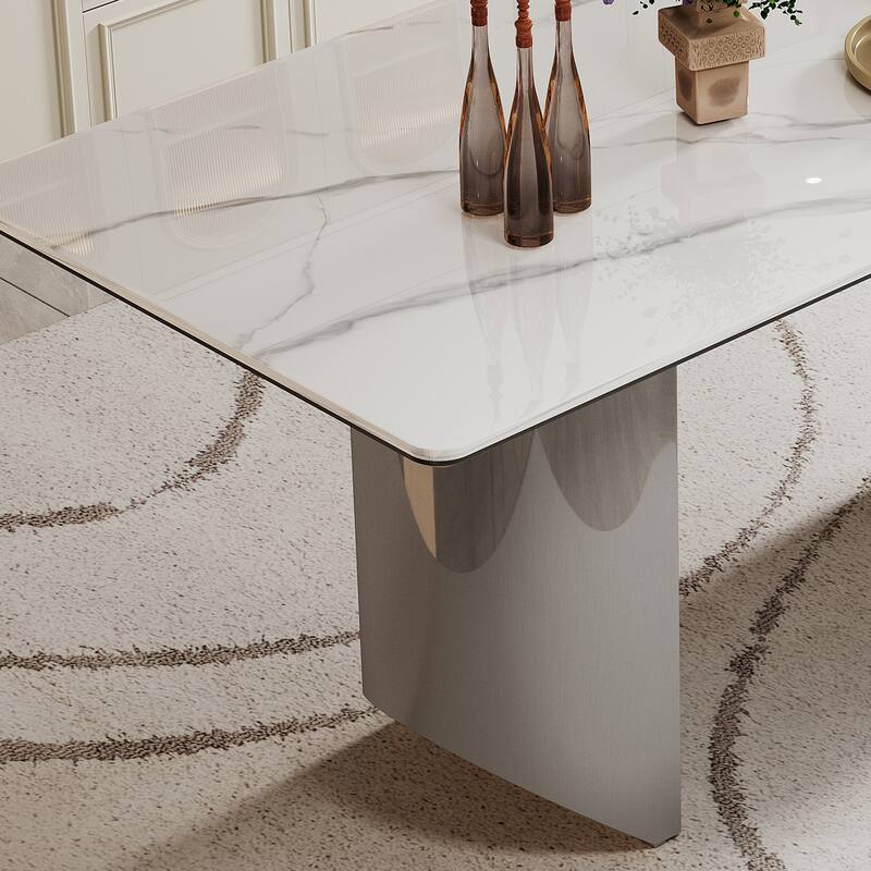 0.47" Thick Sintered Stone Composite Tempered Glass Top Dining Table with Stainless Steel Base