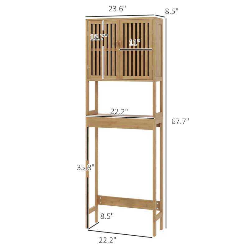 HOMCOM Bamboo Over the Toilet Storage Cabinet, Over Toilet Bathroom Organizer with Slatted Doors, Adjustable Shelf