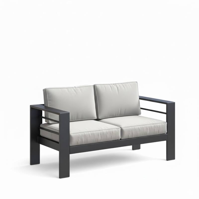 52" Metal Loveseat Patio Sofa with Thick Light Gray Cushions & Black Frame