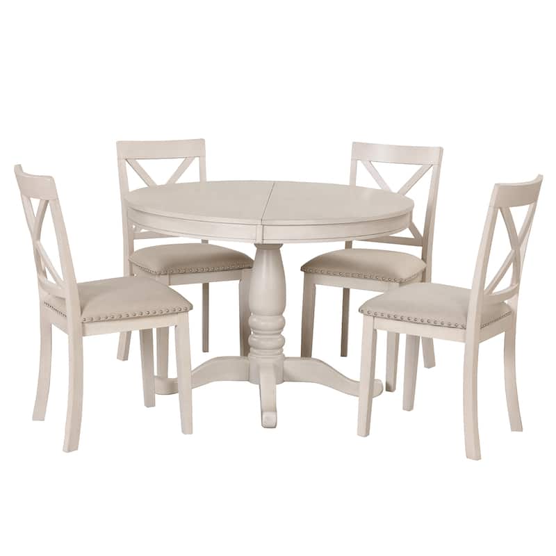 5 Piece Wood Dining Table Set, Kitchen Dining Table Set with Extendable Round Dining Table and 4 Chairs with Backrest