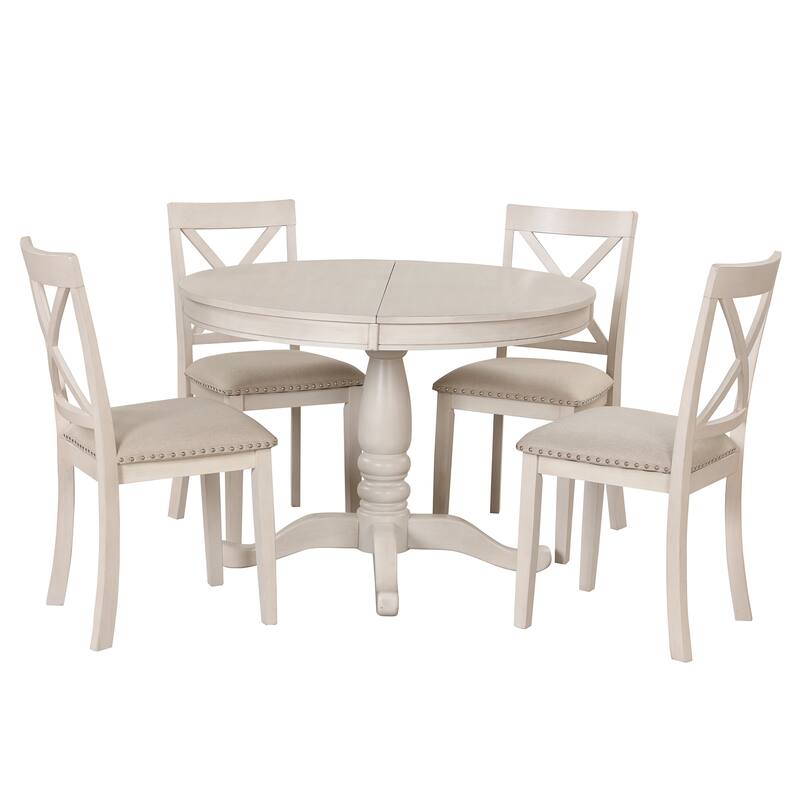 Stylish 5-Piece Dining Set with Round Table and 4 Upholstered Solid Wood Chairs for Small Spaces, Apartments, or Dining Rooms