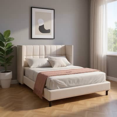 HomeRoots Beige Tufted Upholstered Queen Bed Frame With LED Lighting And USB