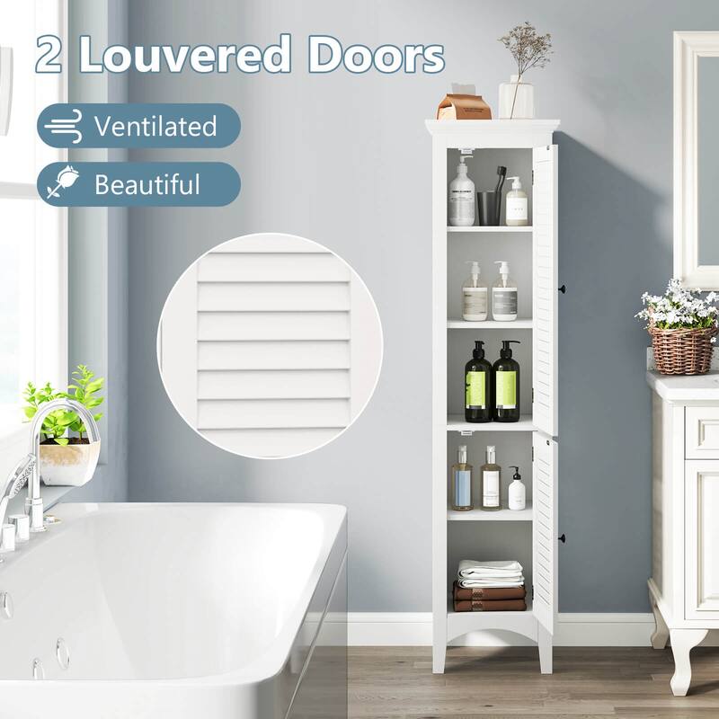 Costway Tall Bathroom Floor Cabinet Narrow Linen Tower with 2 Doors & - See Details