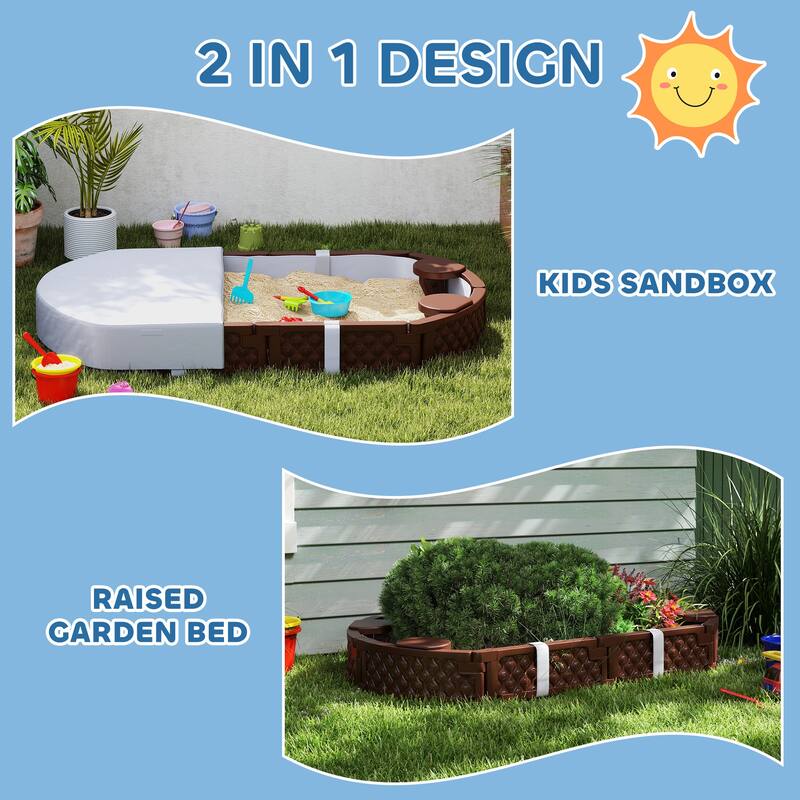 Dark Brown HDPE Outdoor Kids Sandbox with Seats and Weather Cover - 70.9" L x 42.1" W x 8.7" H