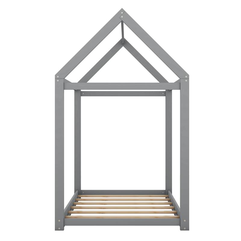 Twin Size Wooden House Bed Frame for Kids, Low Height, Easy Assembly, White
