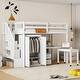 preview thumbnail 57 of 110, Twin/Full Size Loft Bed with Storage Staircase, Wardrobe and Desk, Solid Wood Loft Bedframe with 2 Storage Drawers and Shelves White - Twin