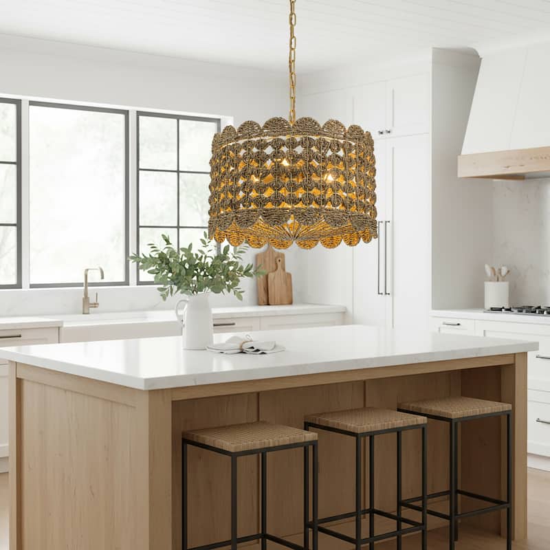 Riva Natural 4-Light Seagrass Scalloped Pendant, Coastal Boho - Handwoven - 18" Wide