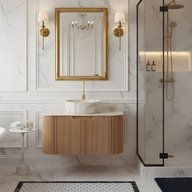 Floating Bathroom with Round Ceramic Basin and Storage Drawer - 30 - Light Natural Wood