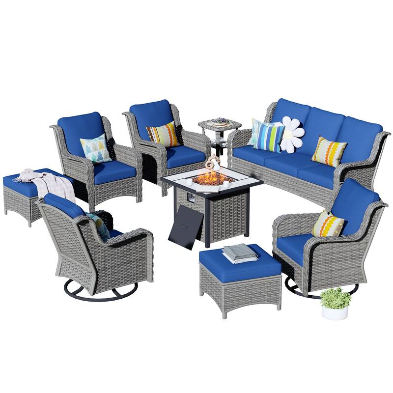 OVIOS 9-piece Patio Wicker Swivel Chair Set With 30" Fire Pit