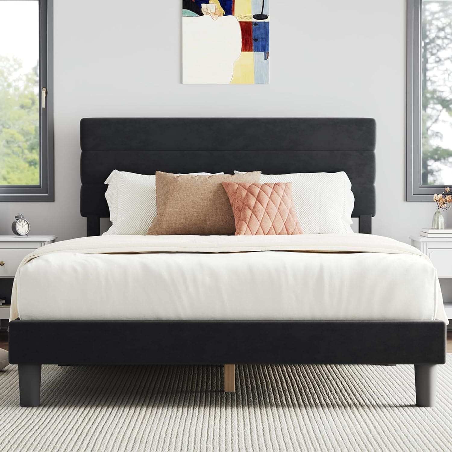 Queen Bed Frame with Adjustable Headboard, Velvet Upholstery, No Box Spring Needed, Easy Assembly, Black