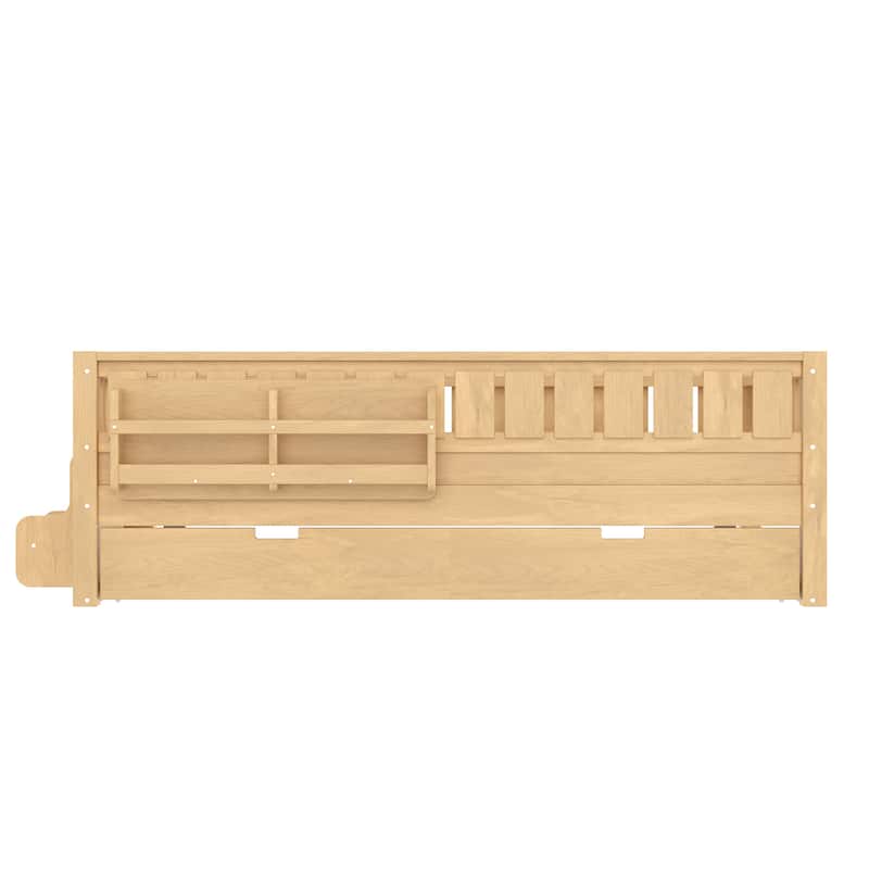 Full/Twin Size Wood Bed with Built-in Bookshelves and Storage Staircase, Safety Rails and Trundle Bed