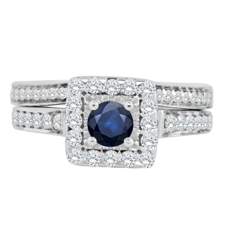 Auriya 2/5ct Round Blue Sapphire and Halo Diamond Engagement Ring Set 14k Gold
