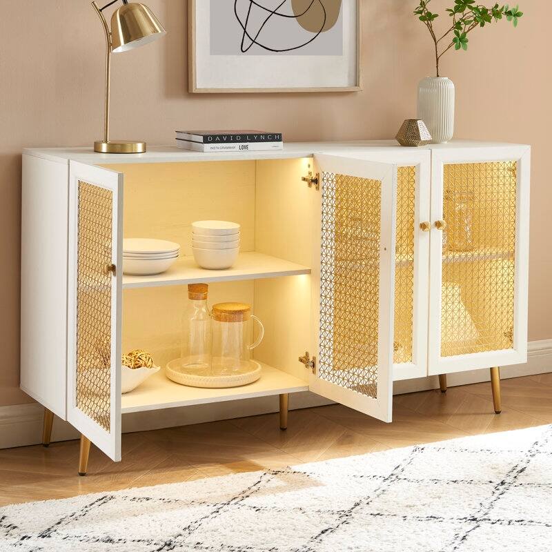 61.7''W Four Door Wood Buffets and Sideboards Storage Cabinet with LED Light