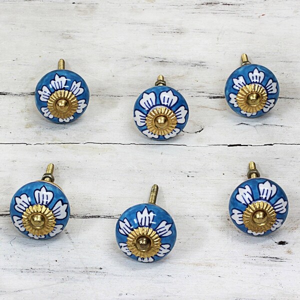 Set Of 4 Antique Ceramic Antique Cabinet Drawer Pulls w/ Blue Flower 