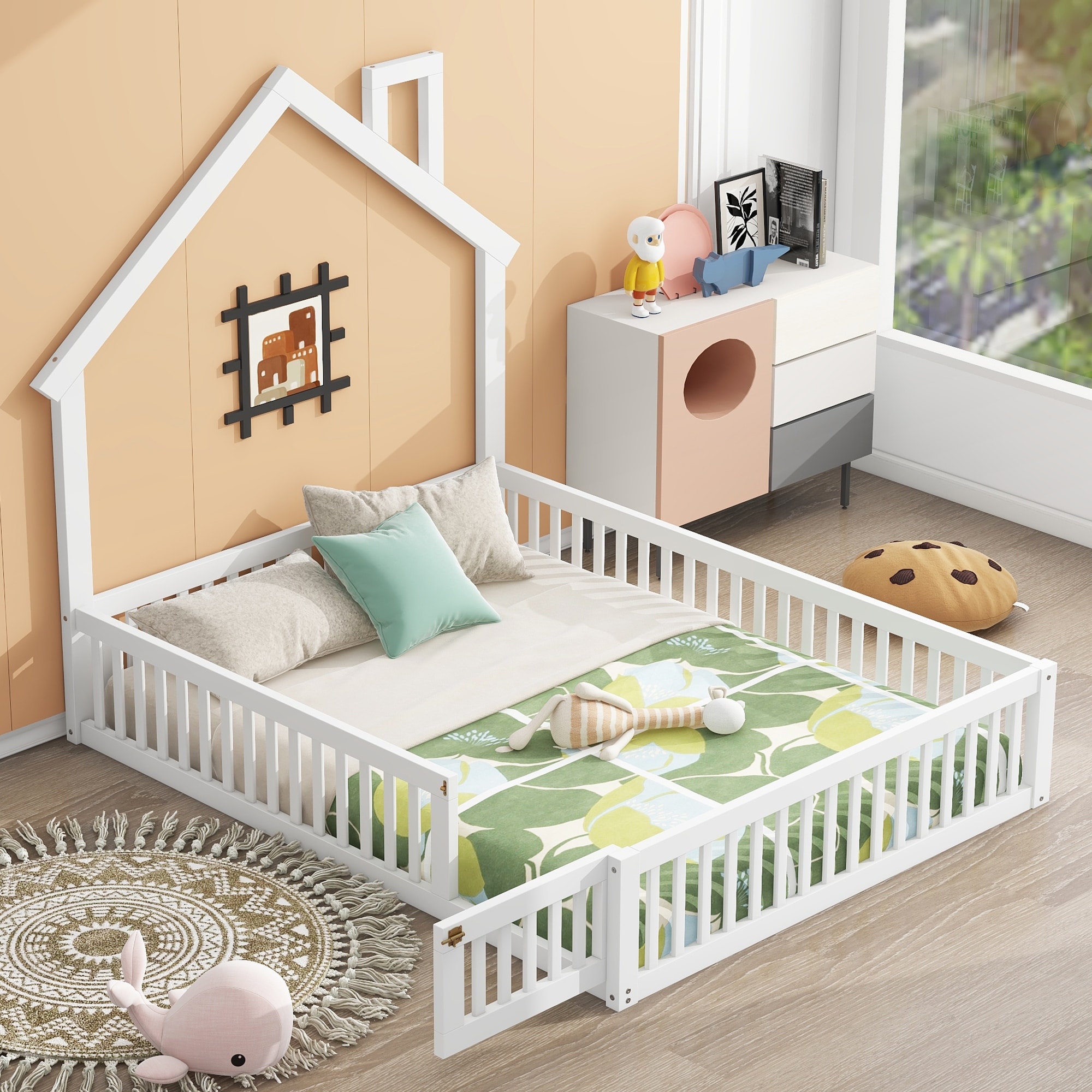 Wood House Platform Bed with Guardrail