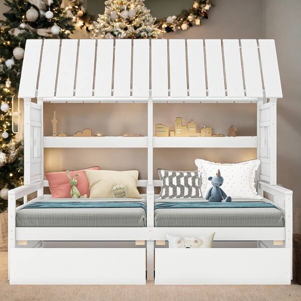 slide 2 of 18, 2 Side by Side Twin Size Platform Beds with Two Drawers for Home White