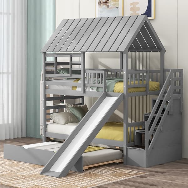 slide 2 of 24, Twin Over Twin House Bunk Bed with Slide & Trundle, Solid Wood Bunk Bed Frame w/Storage Staircase, Roof & Window for Kids, Teens Grey - Twin