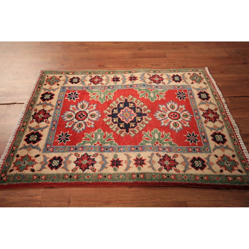 Red Kazak Foyer Rug Handmade Oriental Geometric Wool Carpet - 2'0" x 3'0"