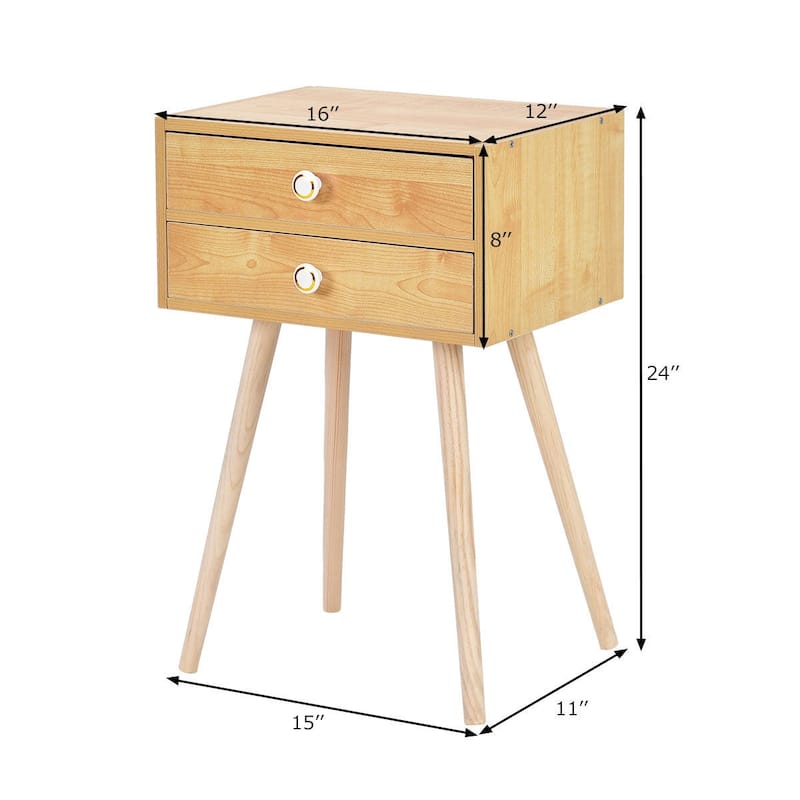 Costway Mid Century Modern 2 Drawers Nightstand In Natural Sofa Side