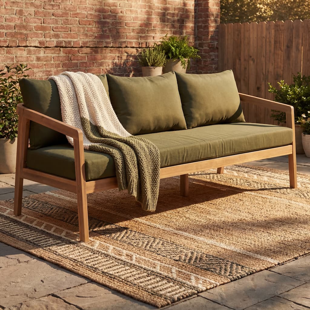 Christopher Knight Home - Modern Acacia Wood Outdoor 3-Seater Sofa with Waterproof Cushions and Thick Foam Comfort Seating